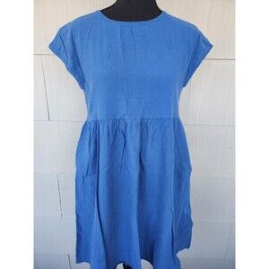 Women Flax Cotton Short Sleeve Crew Neck Dress Size Medium With Pockets Blue